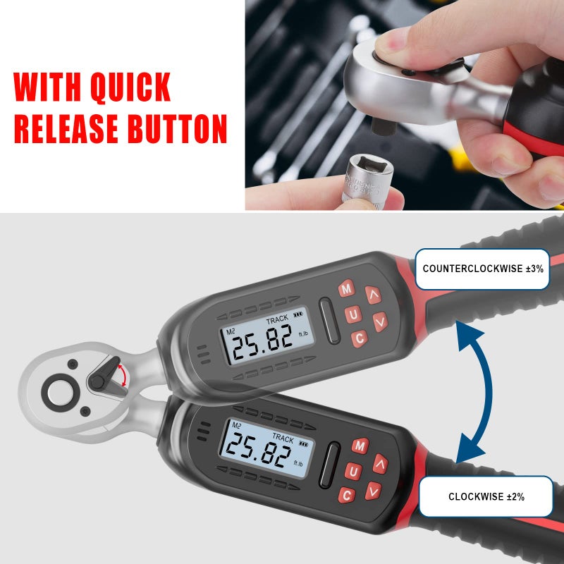 VANPO 3/8 Inch Digital Torque Wrench with Preset Values  2.2-44.3 Ft-lbs/3-60Nm  Buzzer and LED Notification  Small Electronic Torque Wrench for Motorcycles - Image 5
